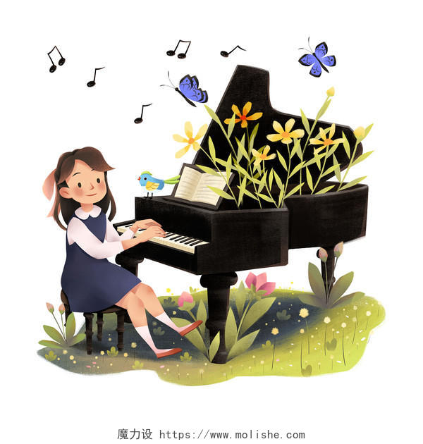 卡通手绘钢琴培训人物原创插画素材兴趣班钢琴培训钢琴